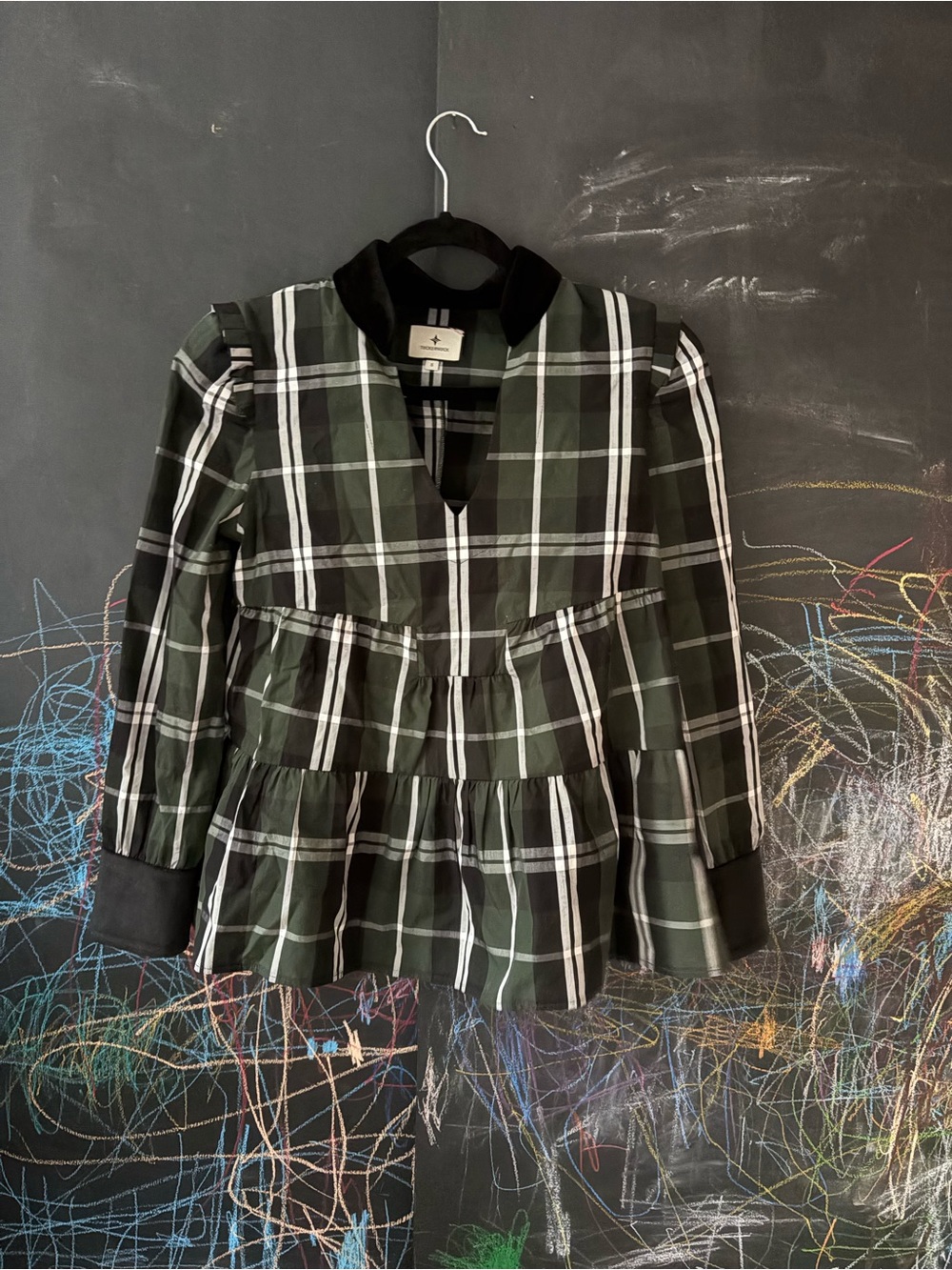 Tuckernuck Green and Black Plaid Top with Velvet Collar - small